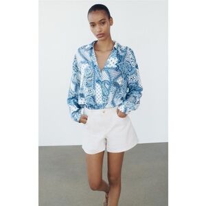 Zara Blue Paisley Viscose Button Up Blouse Johnny Collar Long Sleeve Top S